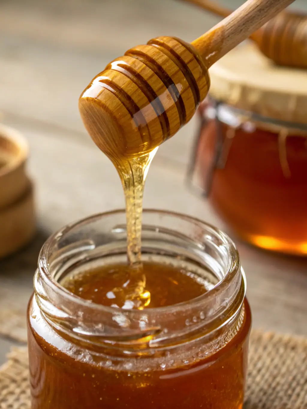 A close-up shot of a jar of WBACS Local Honey, showcasing its rich golden color and natural texture, with a blurred background of a South Sudanese landscape.