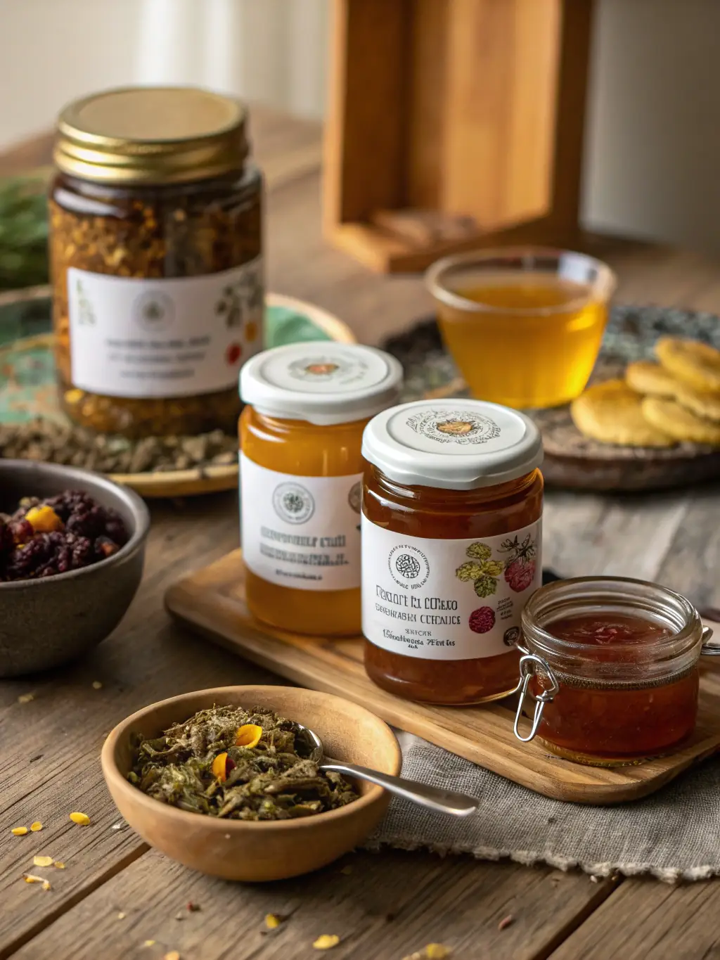 A selection of WBACS honey products, including different flavors and sizes, arranged on a wooden table with a South Sudanese textile in the background.
