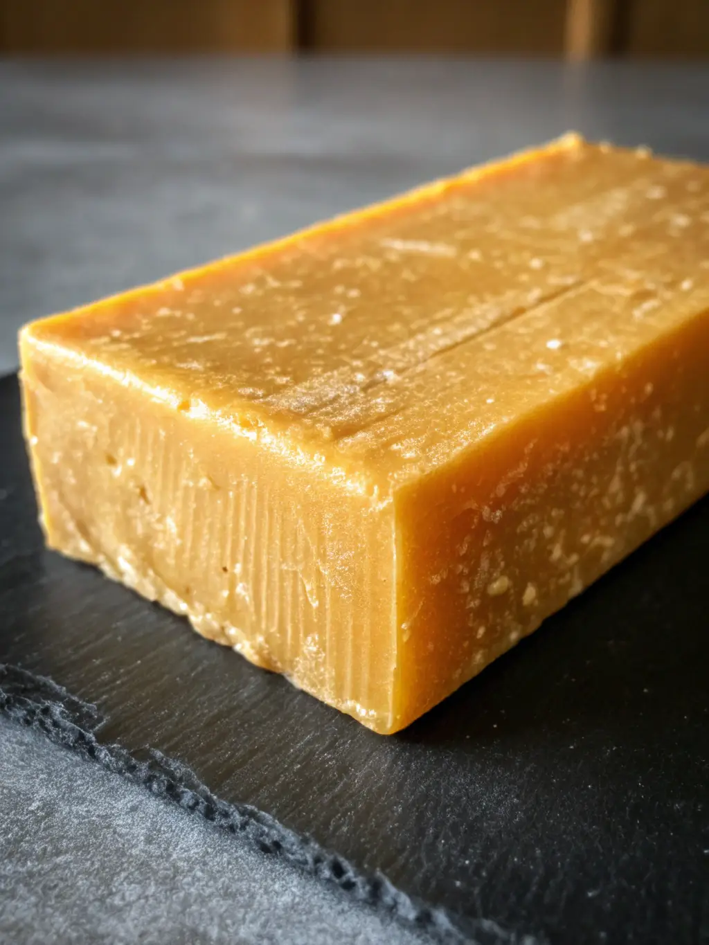 A block of raw beeswax from WBACS, displaying its natural yellow color and texture, with visible honeycomb patterns.